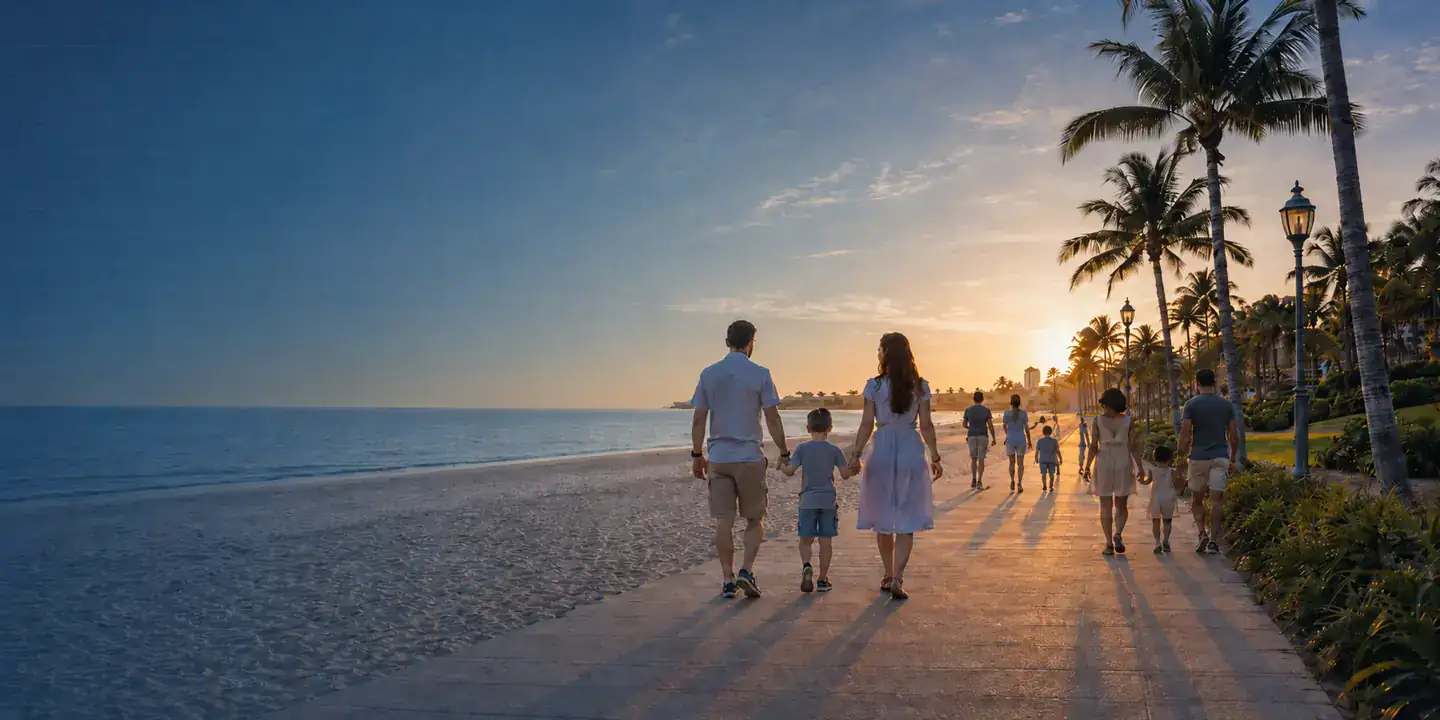 Florida family walking together along a palm-lined beach boardwalk at sunset